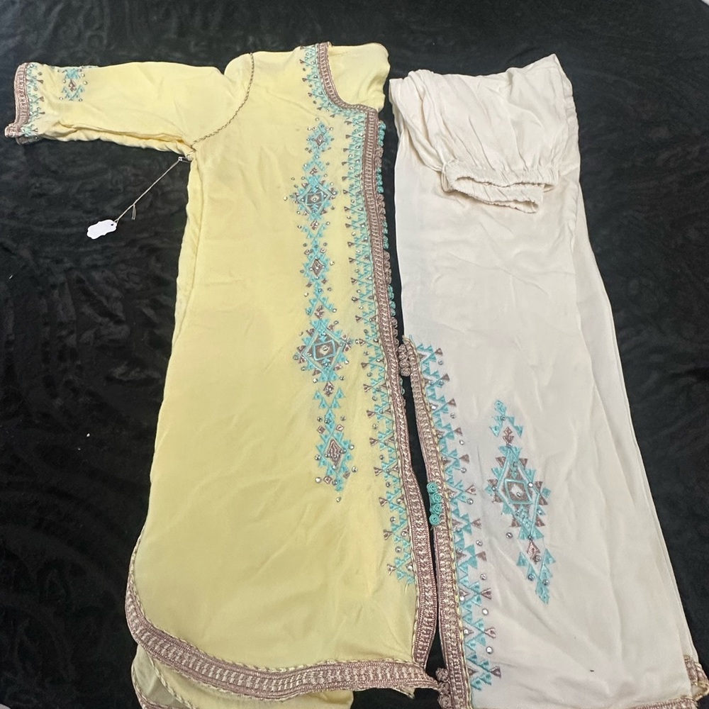 Embroidered Yellow & Cream Salwar Kameez Set